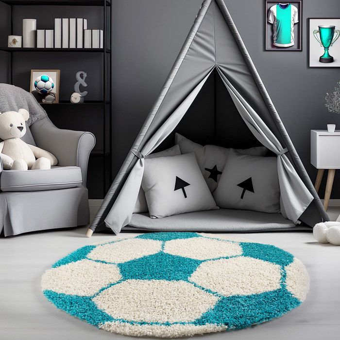 Carpetsale24 Tapis enfant rond bleu blanc forme football tapis à poils longs pour chambre d'enfant taille 120 cm rond
