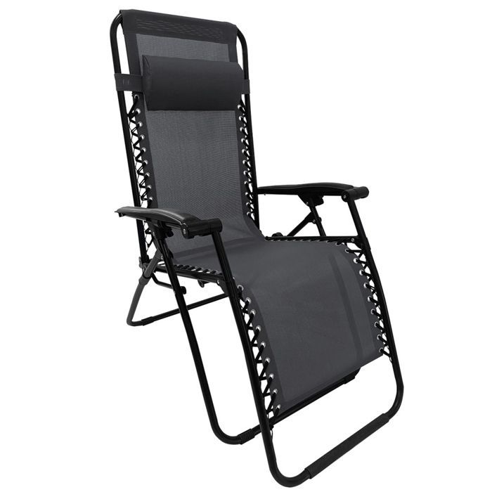 Fauteuil de jardin Transat Bain de soleil Pliable Inclinable avec accoudoirs et appui-tête  90 x 110 x 65,5 cm - Gris - Textilène