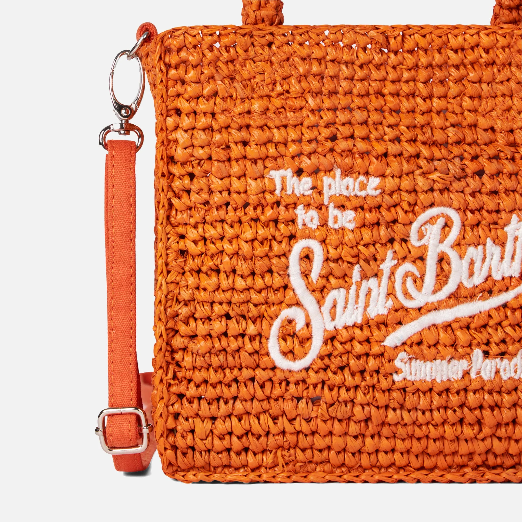 Mini-Kosmetiktasche aus orangefarbenem Bast mit Stickerei auf der Vorderseite