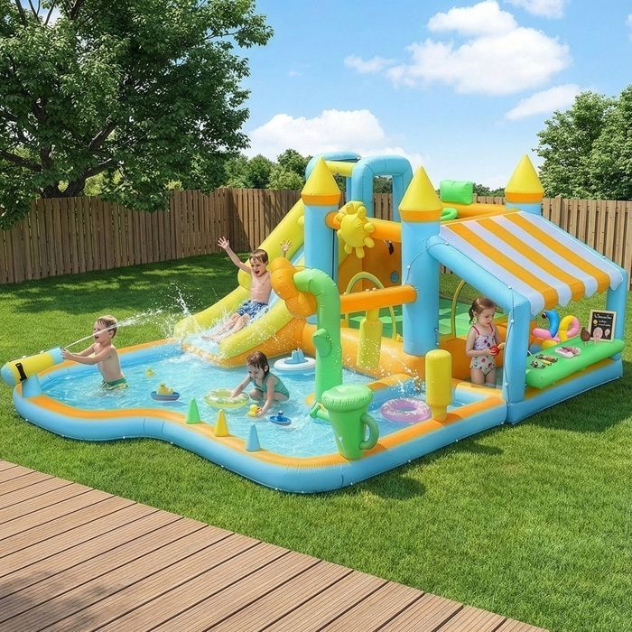 Castello gonfiabile - LALAHO - Area giochi gonfiabile con soffiatore da 450 W per bambini, multifunzionale, tema floreale, 356*315*203 cm