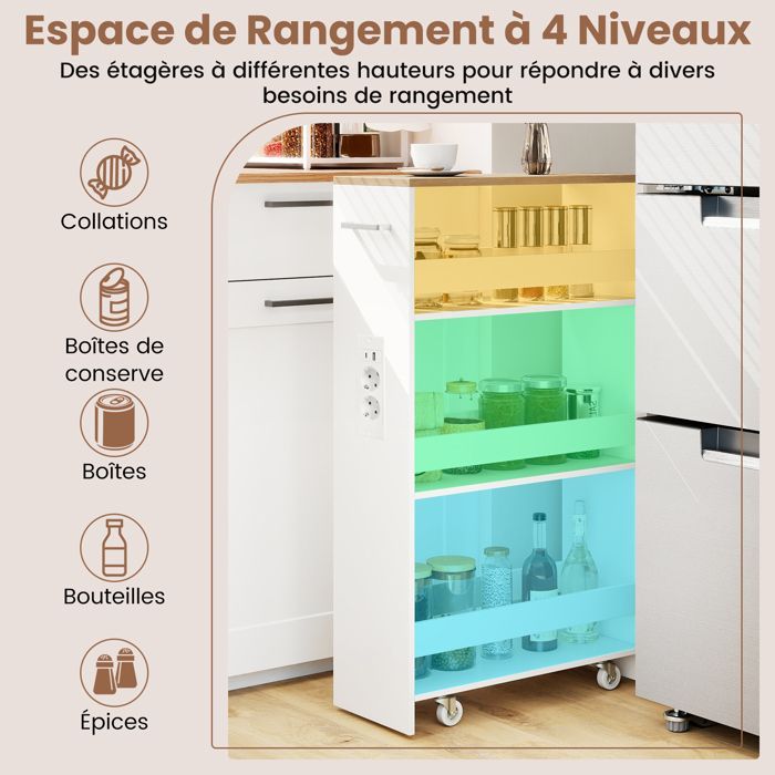 GIANTEX Narrow Kitchen Trolley with Wheels - 47.5x20x80.5cm - Charging Station - 4-Tier Serving Cart - White + Natural