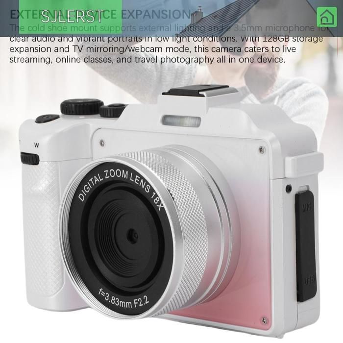sjlerst Appareil photo numérique 5K 5K Digital Camera HD 80MP WiFi Front Rear Lens 18X Digital Zoom Vlog optique Dégradé Rose