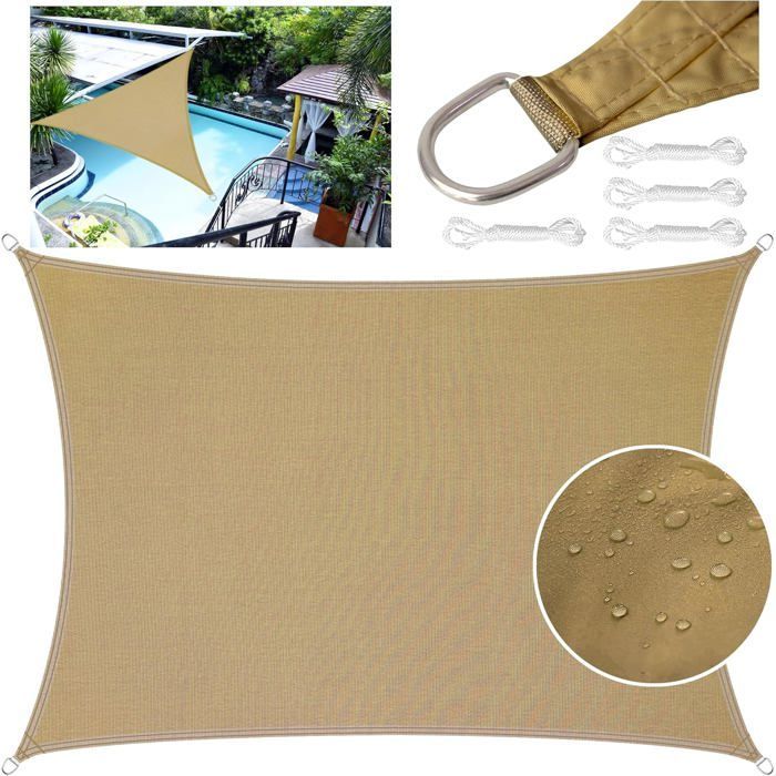 Vela de sombra rectangular de poliéster de 4x5 m - impermeable, protección UV, color arena