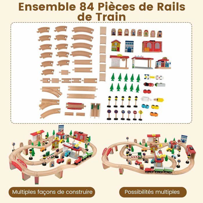 Pista de coches para niños COSTWAY - 84 accesorios con mesa, bandeja reversible 2 en 1, cajón deslizante, tren de madera para niños de 3 años en adelante