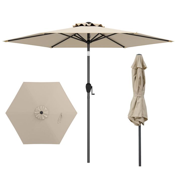 Parasol de Jardin 230cm - COSTWAY -Angle Réglable 35°- Inclinaison par Bouton-Poussoir -Manivelle-Toile Ventilée pour Terrasse Beige