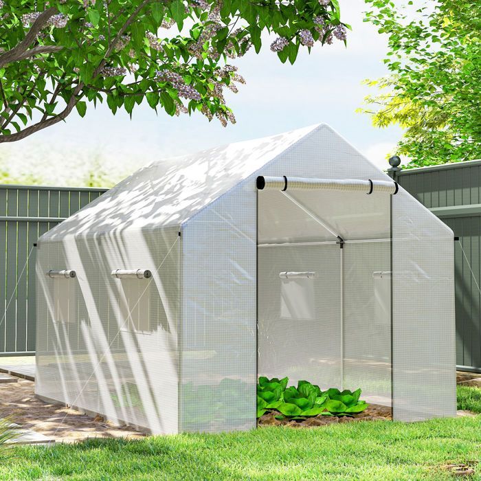 Invernadero tipo túnel Outsunny de 2 x 3 m, 6 m² con puerta enrollable, 4 ventanas - Acero galvanizado, PE de alta densidad, blanco