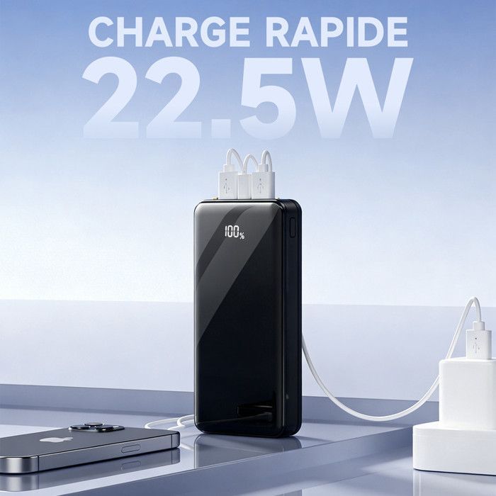 Bateria externa de 24000mAh, com 3 saídas/1 entrada, tela LCD e lanterna LED para smartphones.