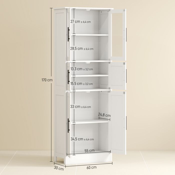 Badkamerkast - HOMCOM - 6 planken - 6 deuren, waarvan 2 van glas, verstelbare planken - MDF - 60x30x170cm - wit