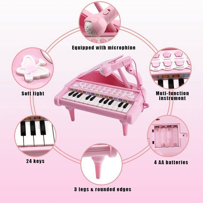 Kinderklavier für 2-Jährige, Babyklavier für 1-, 2- und 3-Jährige, Musikspielzeug-Klavier mit Mikrofon für Mädchen und Jungen – 24 rosa Tasten