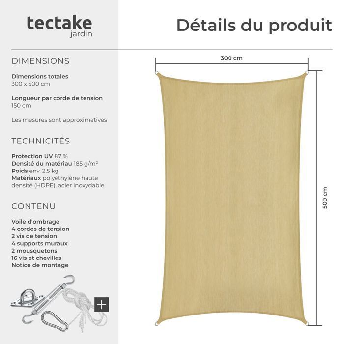 Shade sail - TECTAKE - SUNNY outdoor sun protection in tear-resistant HDPE with waterproof UV protection 3x5m - Sand