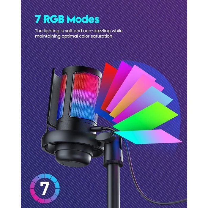 USB microphone, one-touch mute, volume control button, RGB light effect, for gaming, podcasts, and production.
