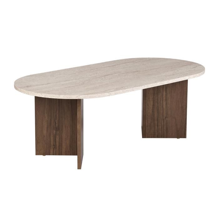 CALICOSY – Ovaler Couchtisch, L 119 cm – IRIS – Travertin/Walnuss