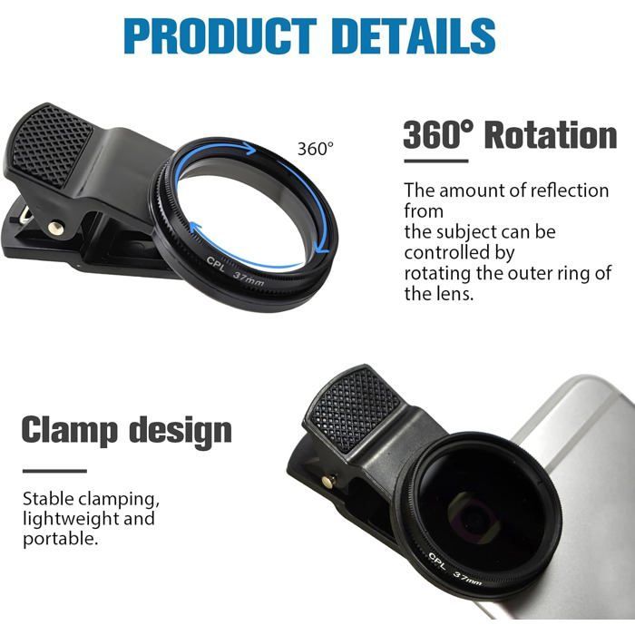 Filtre polarisant, support de filtre CPL 52 mm pour objectif d'appareil photo de téléphone, pour réduire l'éblouissement.