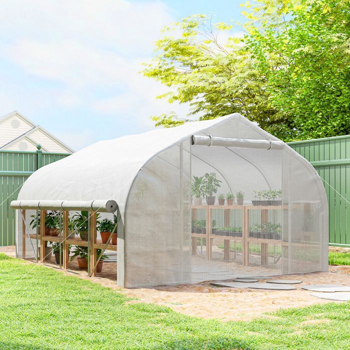 Outsunny 12m² Garden Tunnel Greenhouse (395x300x200cm) - 8-window door with mosquito nets, high-density 140g/m² PE cover - white