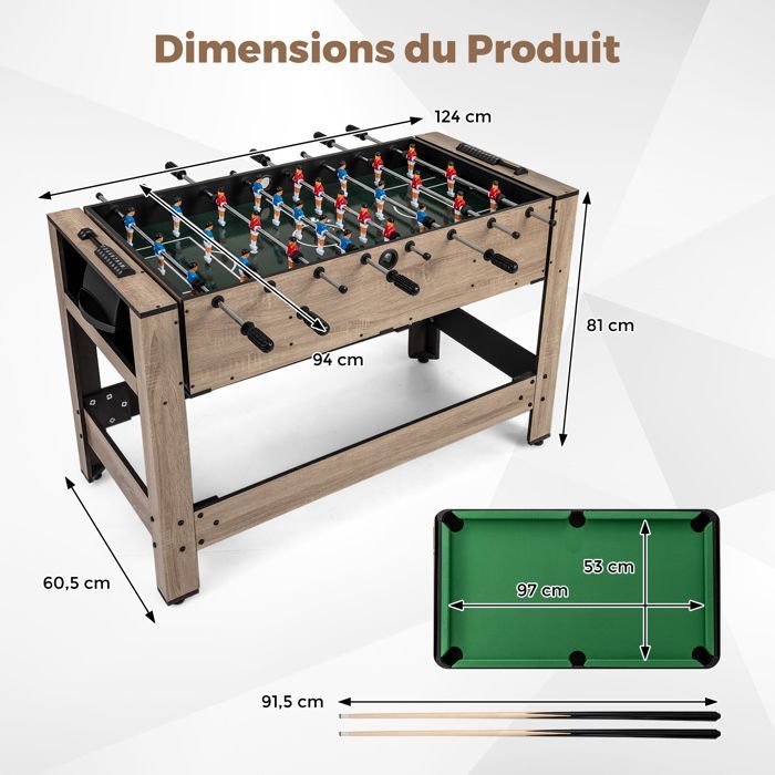 Mesa multijuegos convertible 2 en 1 GIANTEX, futbolín y billar, con numerosos accesorios, 26 jugadores, tacos y bolas, para 2-4 adultos.
