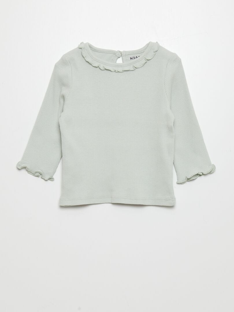 Camiseta de punto acanalado con cuello de volantes - AZUL