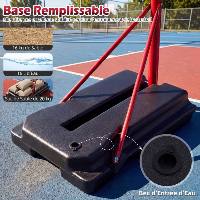 COSTWAY 95-155CM Vrijstaande basketbalring - Steun, verzwaarde voet, vulbaar - Metalen ring met net - Hoogwaardig achterbord