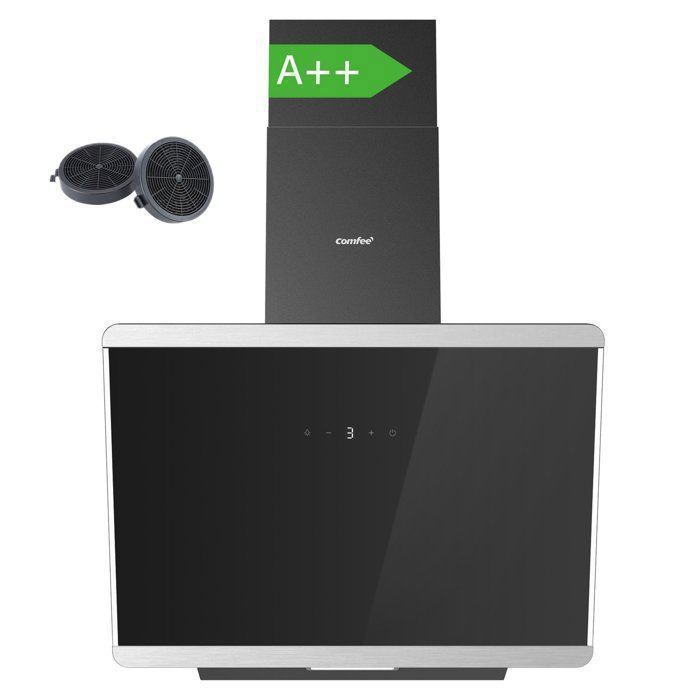 Cappa aspirante angolare Comfee da 60 cm - 480 m³/h - Classe energetica A++ - Comandi touch - 3 velocità - 2 filtri a carbone - Vetro nero