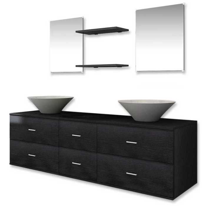 Badezimmermöbel - vidaXL - 7-teilig - Schwarz - Doppelwaschbecken - Wandmontage