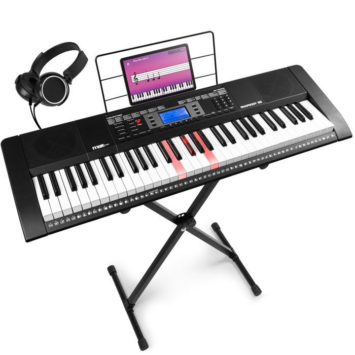 Max Rhapdosy61L - Elektronisk keyboard, 61 opplyste tangenter, med hodetelefoner og stativ inkludert - Ideelt for nybegynnere