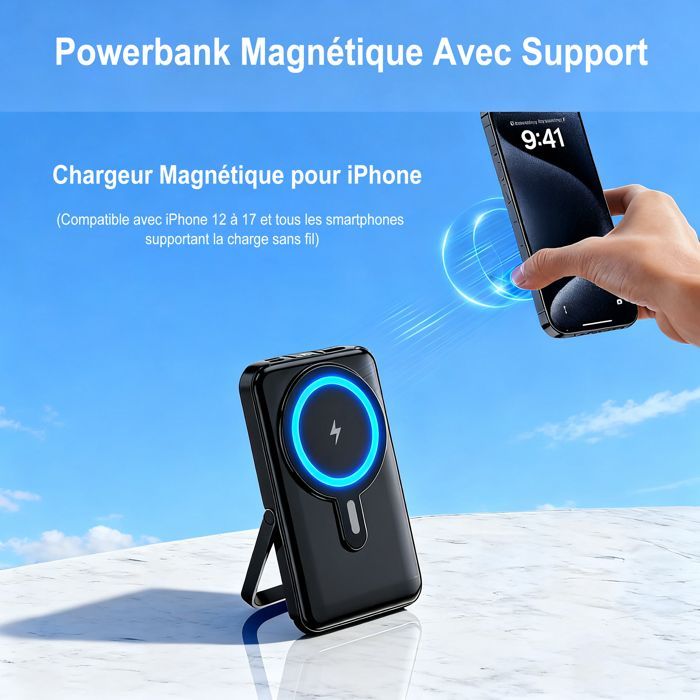SEABUTY Batterie Externe Magnétique 20000mAh avec 4 Câbles Intégrés Power Bank Sans Fil 6 Sorties et 3 Entrées avec LED L'affichage