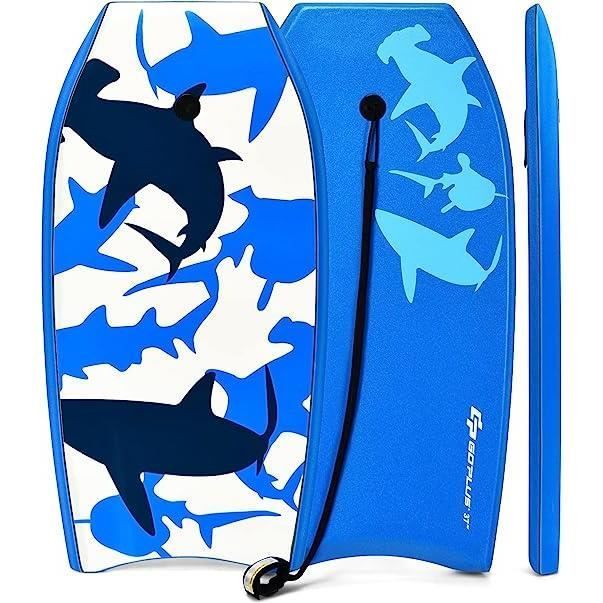 Bodyboard GYMAX de 37 pulgadas con correa ajustable para el tobillo y diseño de tiburón - Blanco/Azul