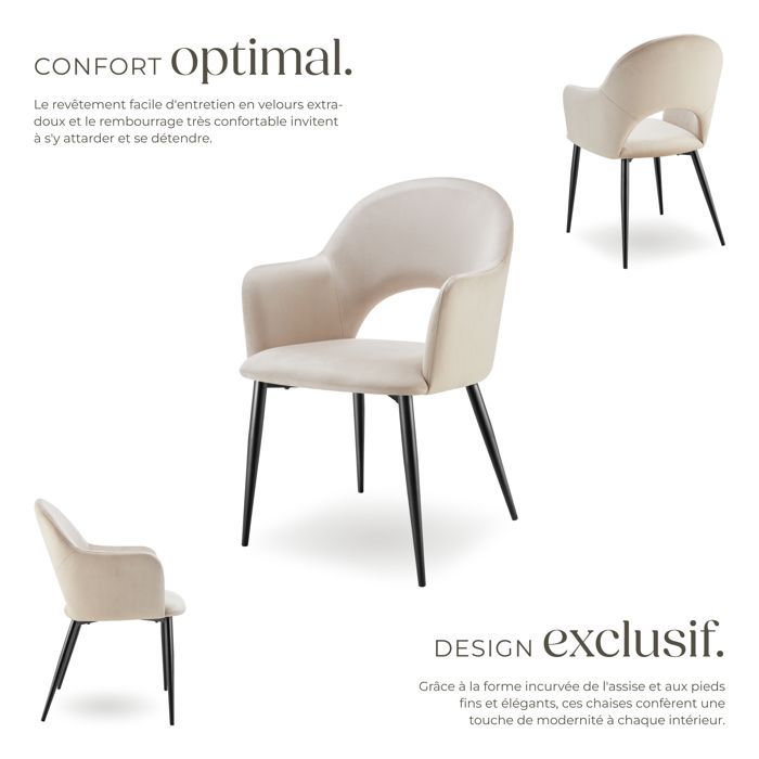Cadeiras - TECTAKE - Conjunto de 6 poltronas SACHEL com estofamento em veludo, capacidade máxima de carga 120 kg, com pés de aço - Creme