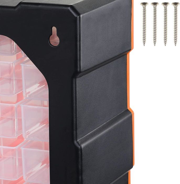 Caja de herramientas de plástico con 18 compartimentos extraíbles. Estante para tornillos.