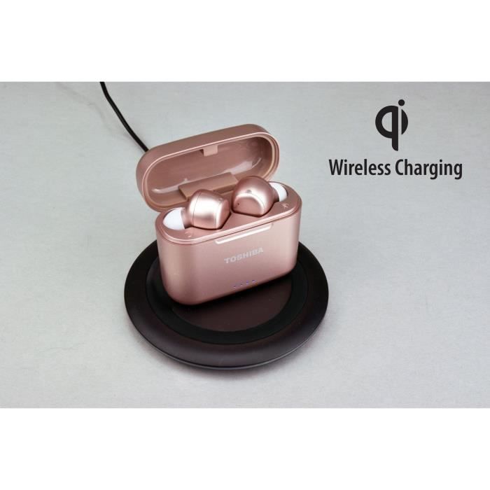 TOSHIBA RZE-BT750EPN – Kabellose In-Ear-Bluetooth-Kopfhörer – Automatisches Pairing – Ladecase (Qi) – Roségold