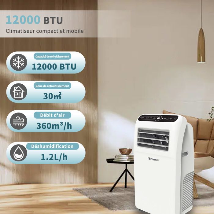 SHINCO 3-en-1 12000 BTU Climatiseur Mobile, Ventilateur, Déshumidificateur, Télécommande, Eco R290, Classe énergétique A