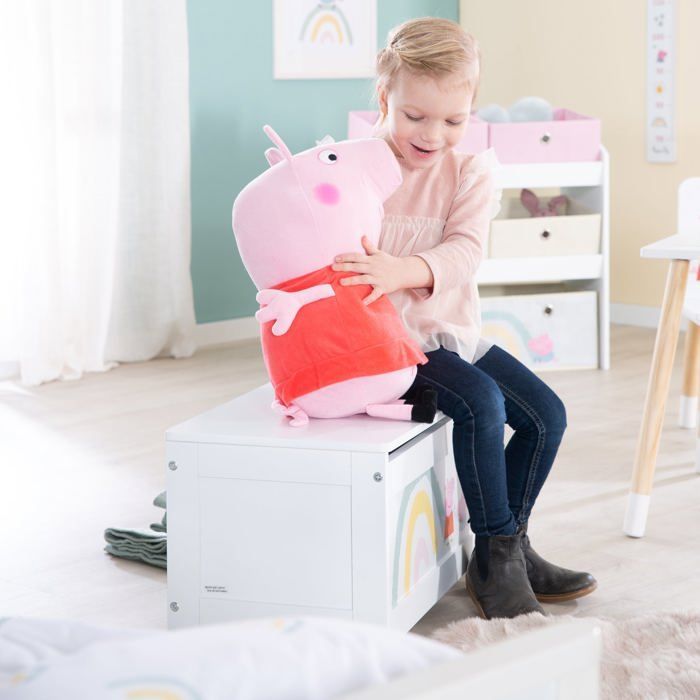 ROBA Peppa Pig Coffre à Jouets en Bois - Couvercle Rabattable - Motif de la Truie - Rose / Blanc