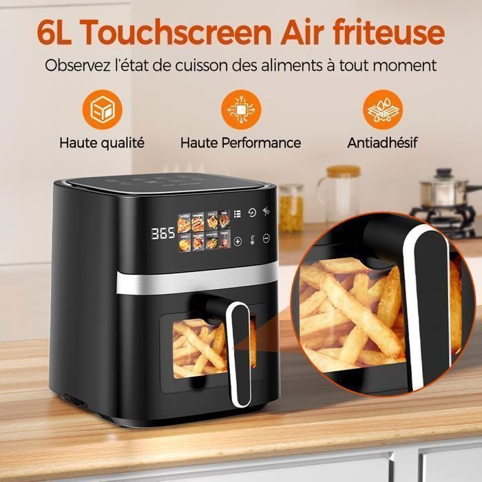 Freidora de aire sin aceite de 6 litros, 1350 W, 8 funciones con ventana transparente y pantalla táctil LED.