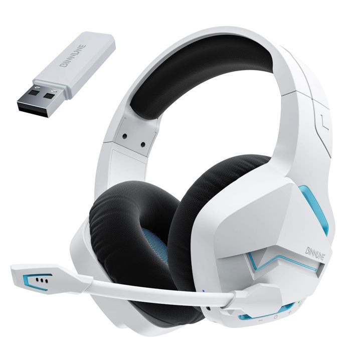 Draadloze gamingheadset met ruisonderdrukkende microfoon voor PS4, PS5, pc, PlayStation 4 en 5, 2.4G + Bluetooth, wit