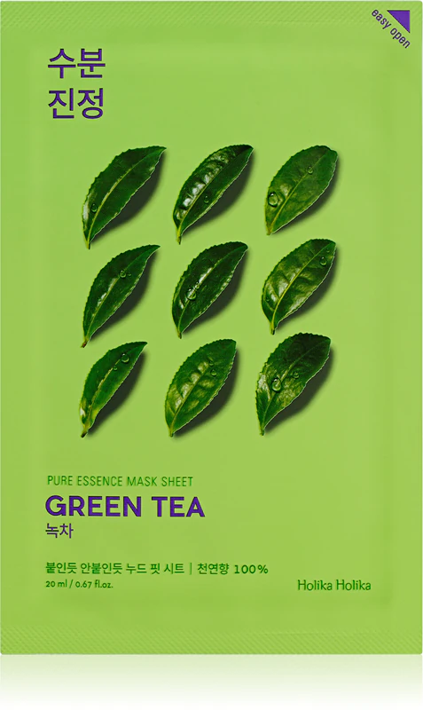 Máscara facial nutritiva em tecido Holika Holika Pure Essence com chá verde para peles sensíveis e irritadas.