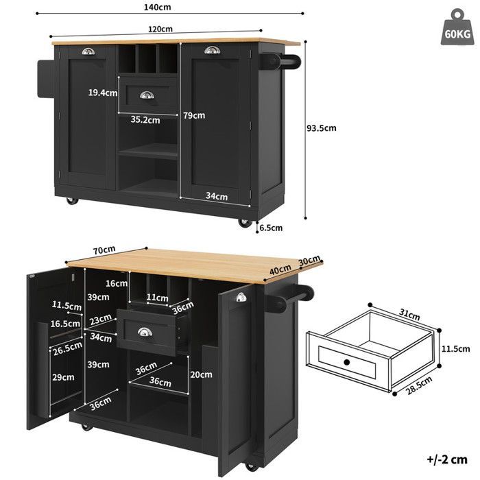 Desserte de Cuisine Noire - Plateau Extensible 40-70 x 120 cm,Roues 360° & Porte-Serviettes | Avec Grille à Vin et Rangements