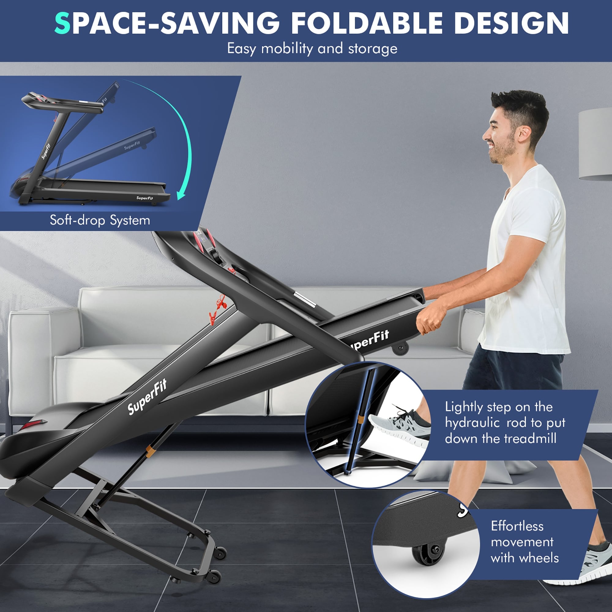 SuperFit 4,75 pk opklapbare loopband met voorgeprogrammeerde trainingsprogramma's en touchscreen - 64'' x 30'' x 45''