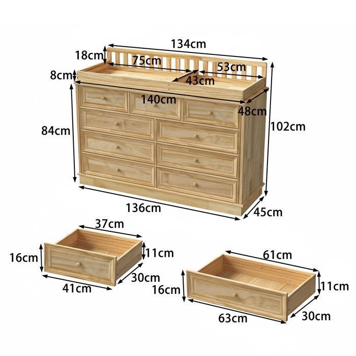 Massief houten babycommode, ergonomische commode met 9 lades, 140x48x102 cm, naturel, babykamer