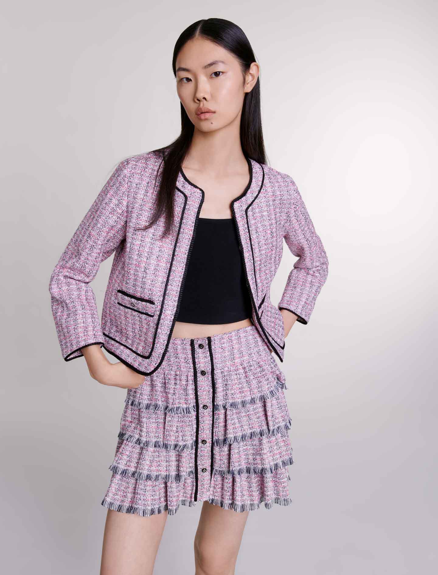 Fustă scurtă din tweed - Roz/negru