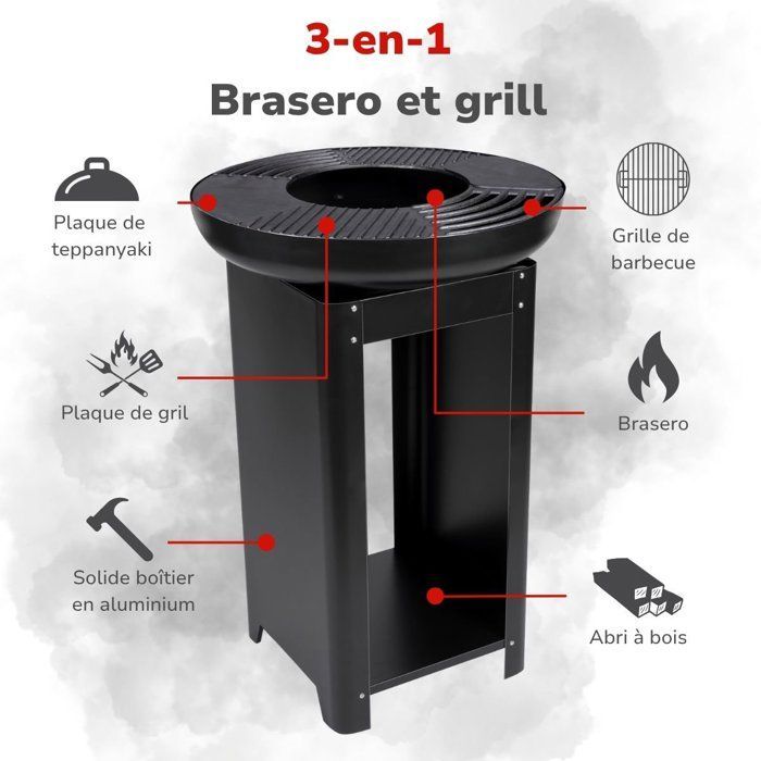 Brasero y parrilla Alpina 3 en 1 - 61 x 90 cm