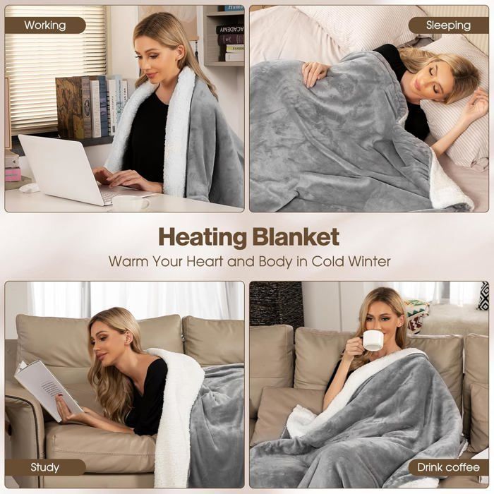 Manta eléctrica de 130x180 cm, con 6 niveles de calor, temporizador de 8 horas, protección contra sobrecalentamiento y lavable a máquina. Color gris.