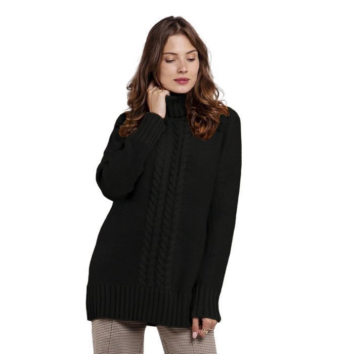 Jersey de cuello alto para mujer - JESSY LINE - Negro - Punto trenzado largo - Manga larga - Talla S/M