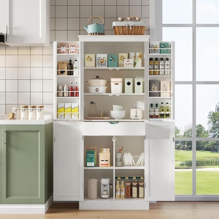 AMBIANCE Armoire de Cuisine - 75x40x182 cm - Rangement de Porte et Tiroir Interne - Meuble Colonne Multifonction en Bois MDF Blanc