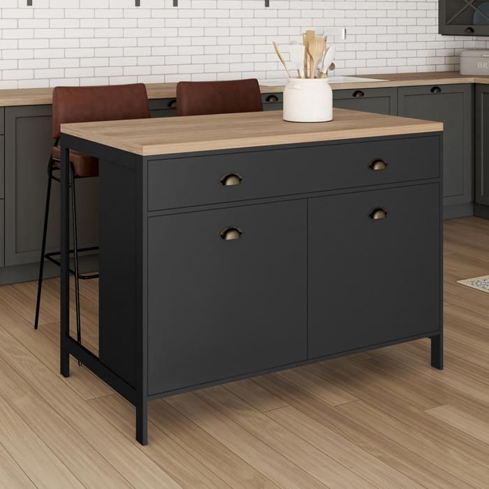 IDMARKET Isla central de estilo rústico de 120 cm, modelo ISIS, con tapa de madera efecto haya y acabado en negro.