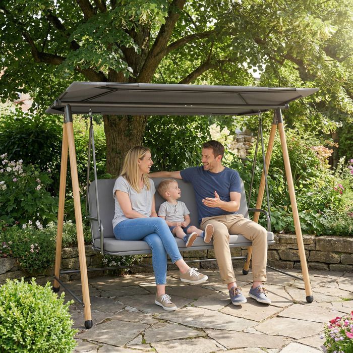 Tuinschommel - Outsunny - 3 zitplaatsen - Verstelbare luifel en afneembaar dik kussen - Stalen frame - 208x125x180cm - Grijs