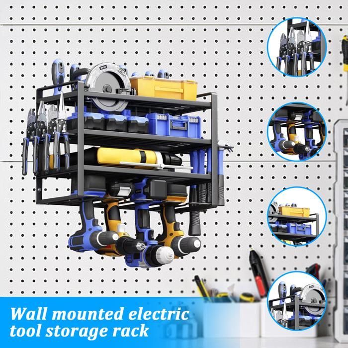 Estante de herramientas de pared de 3 niveles con 4 ranuras, soporte para herramientas eléctricas, organizador de acero para taller/garaje