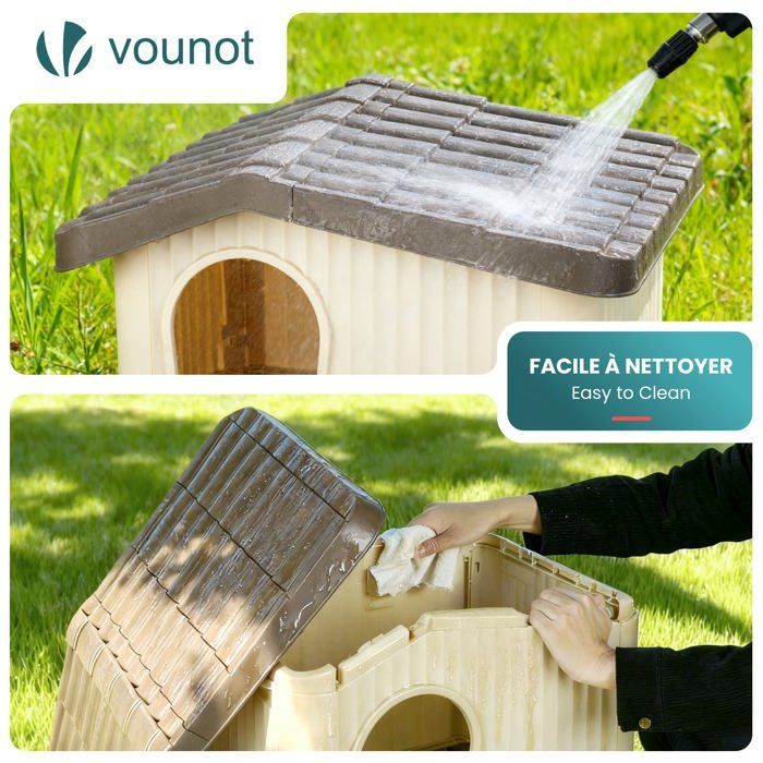 Caseta/perrera impermeable de plástico VOUNOT® para gatos y perros, 60x51x41cm - Techo inclinado desmontable - Apta para uso interior y exterior - Beige