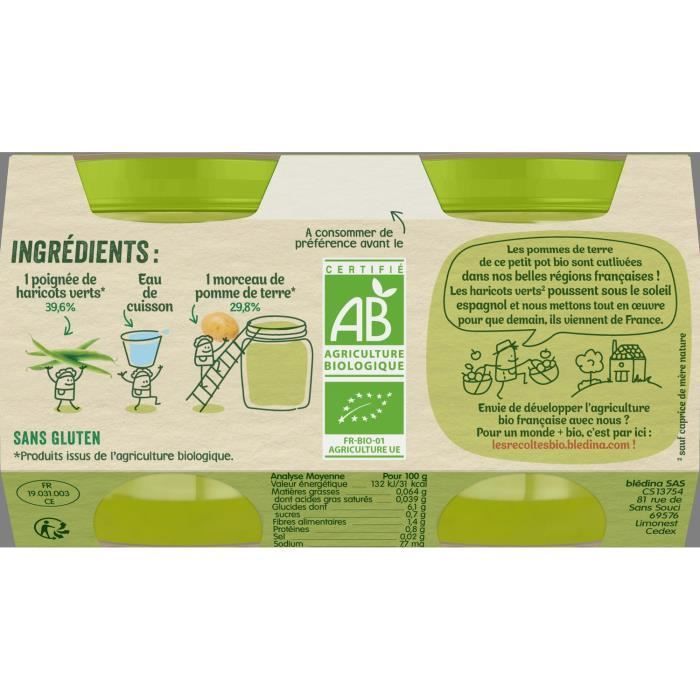 Blédina Les Récoltes Bio Pot Haricots Verts Pommes de Terre +4m 2 x 130g