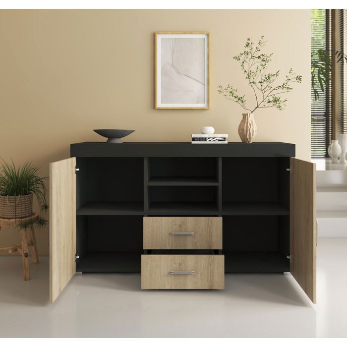 Buffet de Salon ROQUE 140x80x40 cm - Enfilade 2 Portes 2 Tiroirs - Coloris Noir et Chêne Sonoma - Rangement Séjour