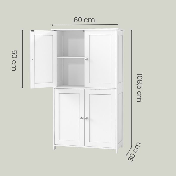 Armoire de Salle de bain avec 4 Portes, 60 x 30 x 108.5 cm, Meuble de Rangement,Placard de Cuisine,2 Étagères Réglables, Blanc