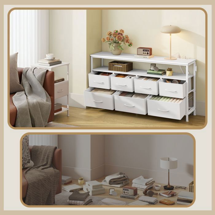 Cómoda con iluminación LED regulable y regleta, 7 cajones de tela, estilo moderno, dormitorio, blanca